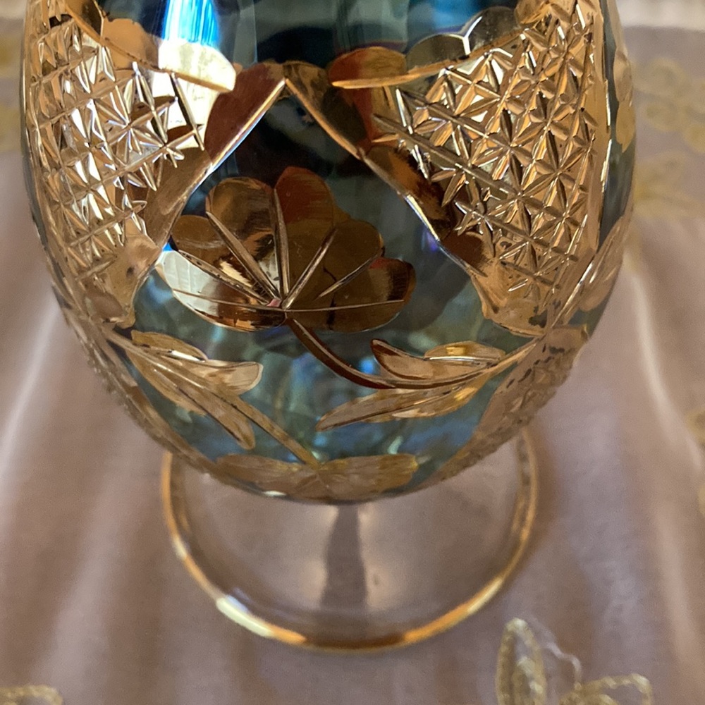 Vintage Egyptian Hand Blown Glass Egg Shaped Gold Etched Pattern Teal Color - Picture 3 of 6
